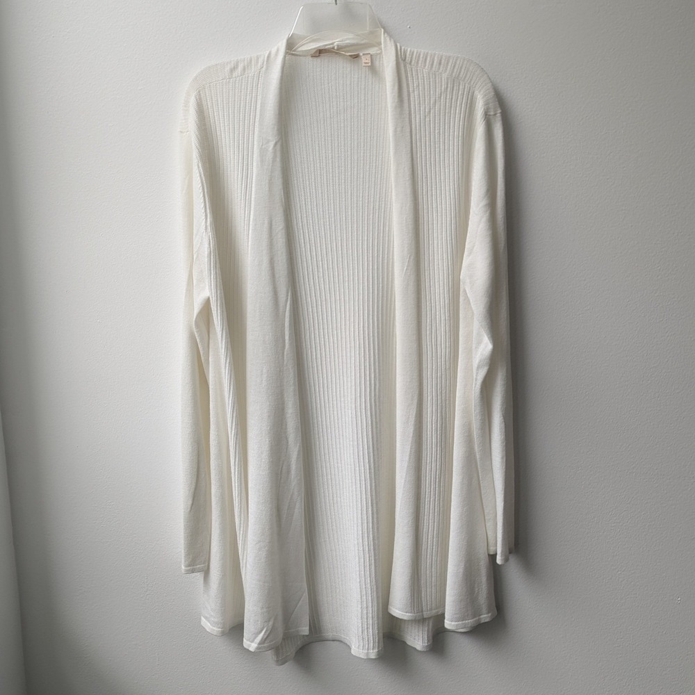 Soft Surroundings Longline Cardigan White Open Front Ribbed Knit Sz L Ethereal
